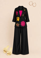 Black Floral Embroidered 3 Piece Co-Ord Set with Pink Camisole