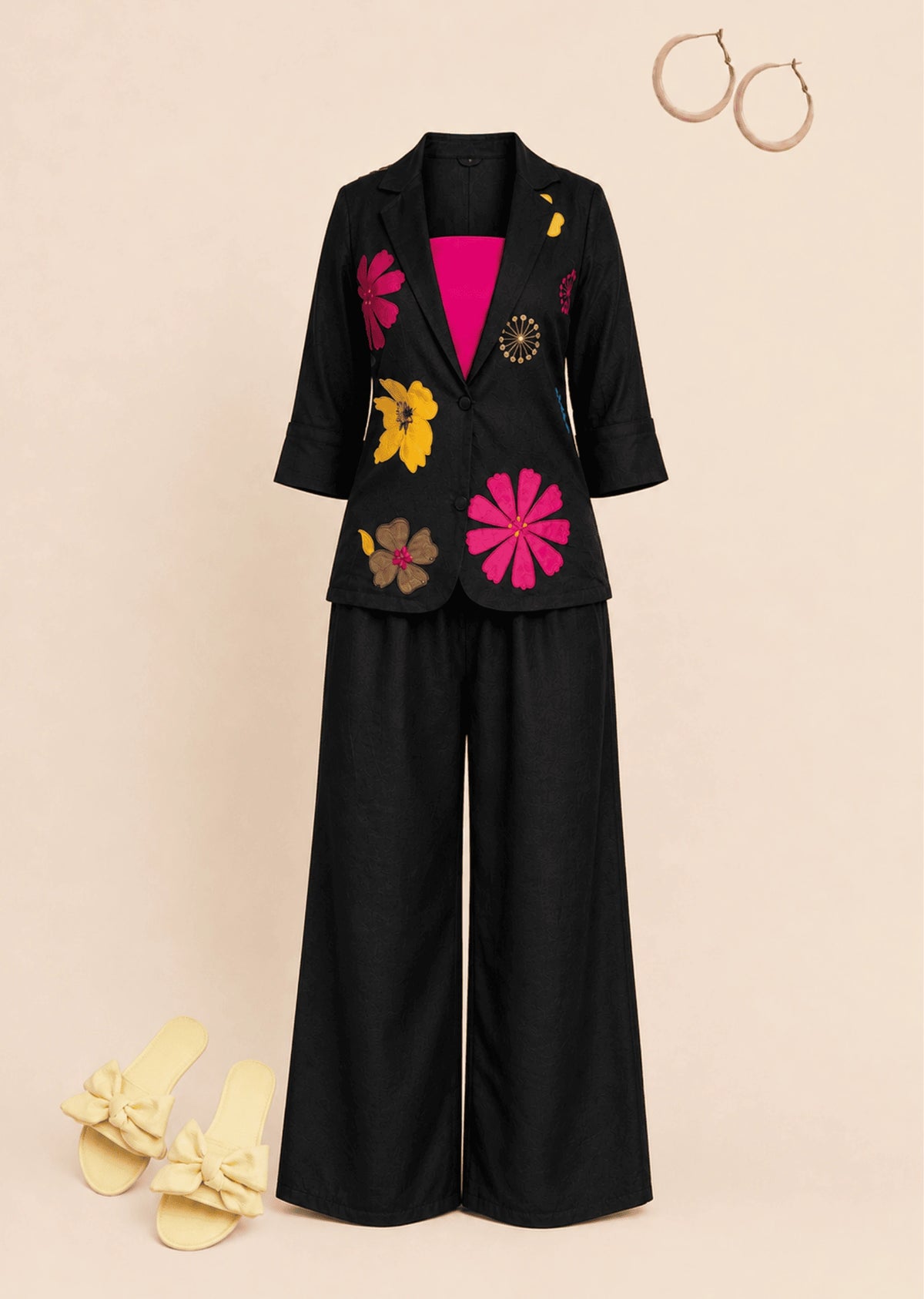 Black Floral Embroidered 3 Piece Co-Ord Set with Pink Camisole