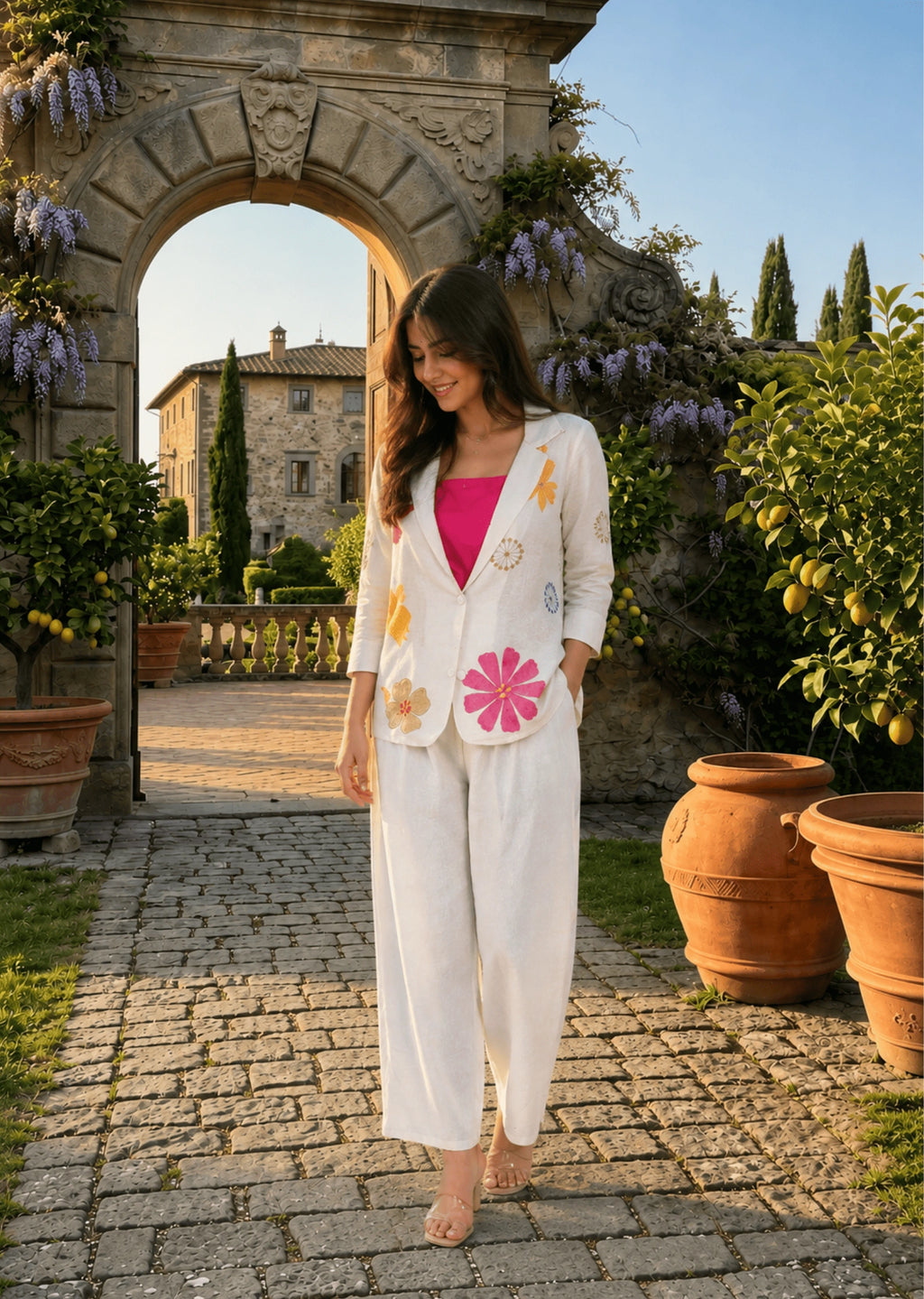 Ivory Floral Embroidered 3-Piece Co-Ord Set with Pink Camisole