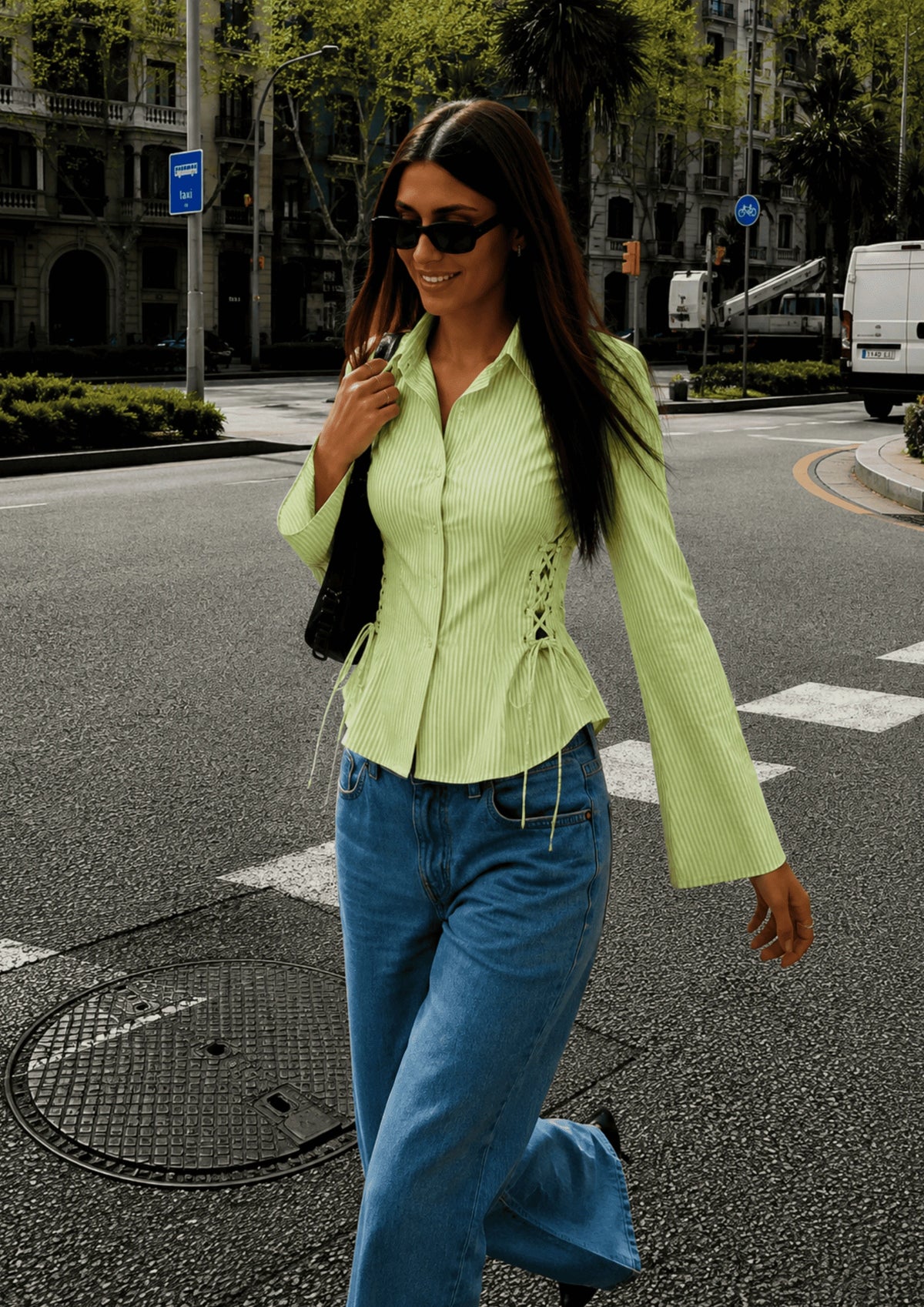 Women's Side Striped Fitted Lace-Up Shirt