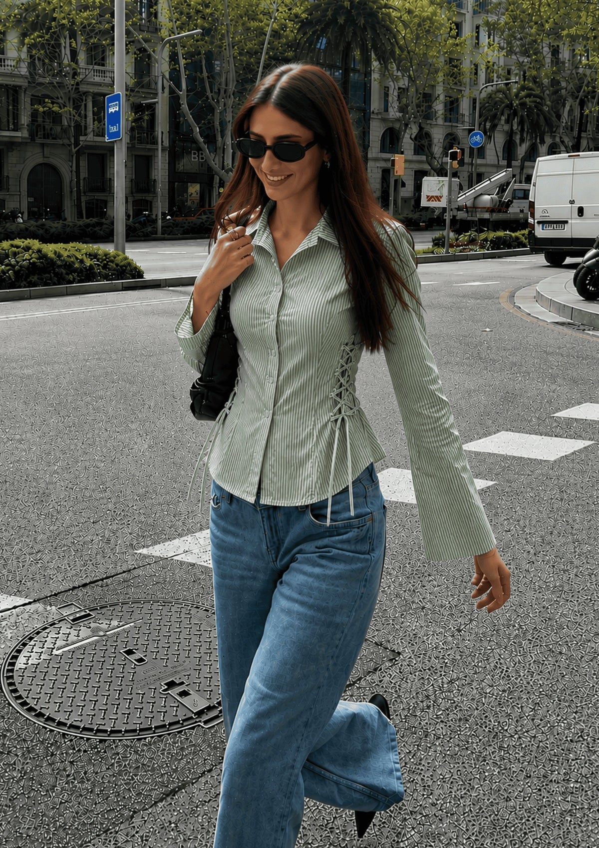 Women's Side Striped Fitted Lace-Up Shirt