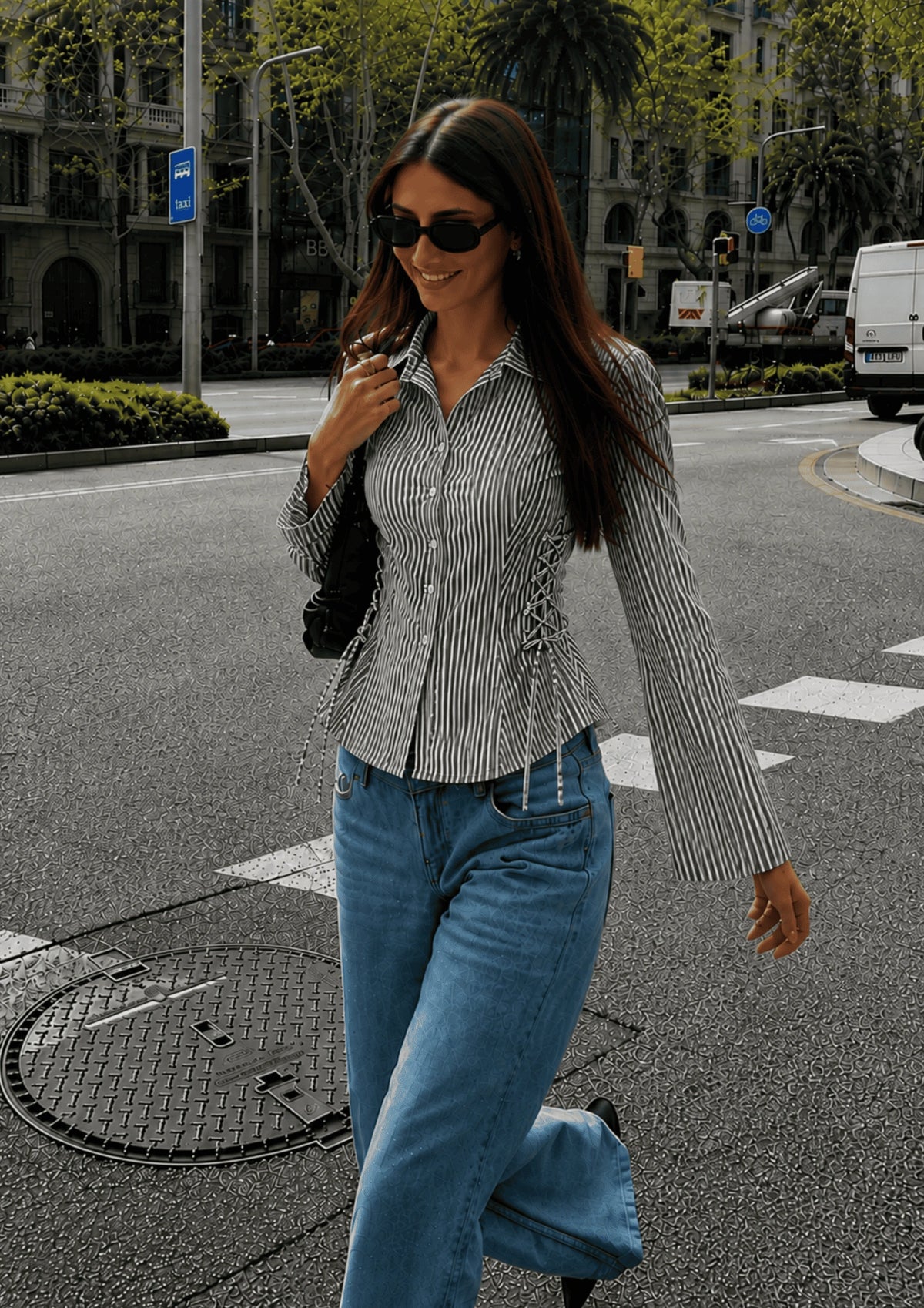 Women's Side Striped Fitted Lace-Up Shirt