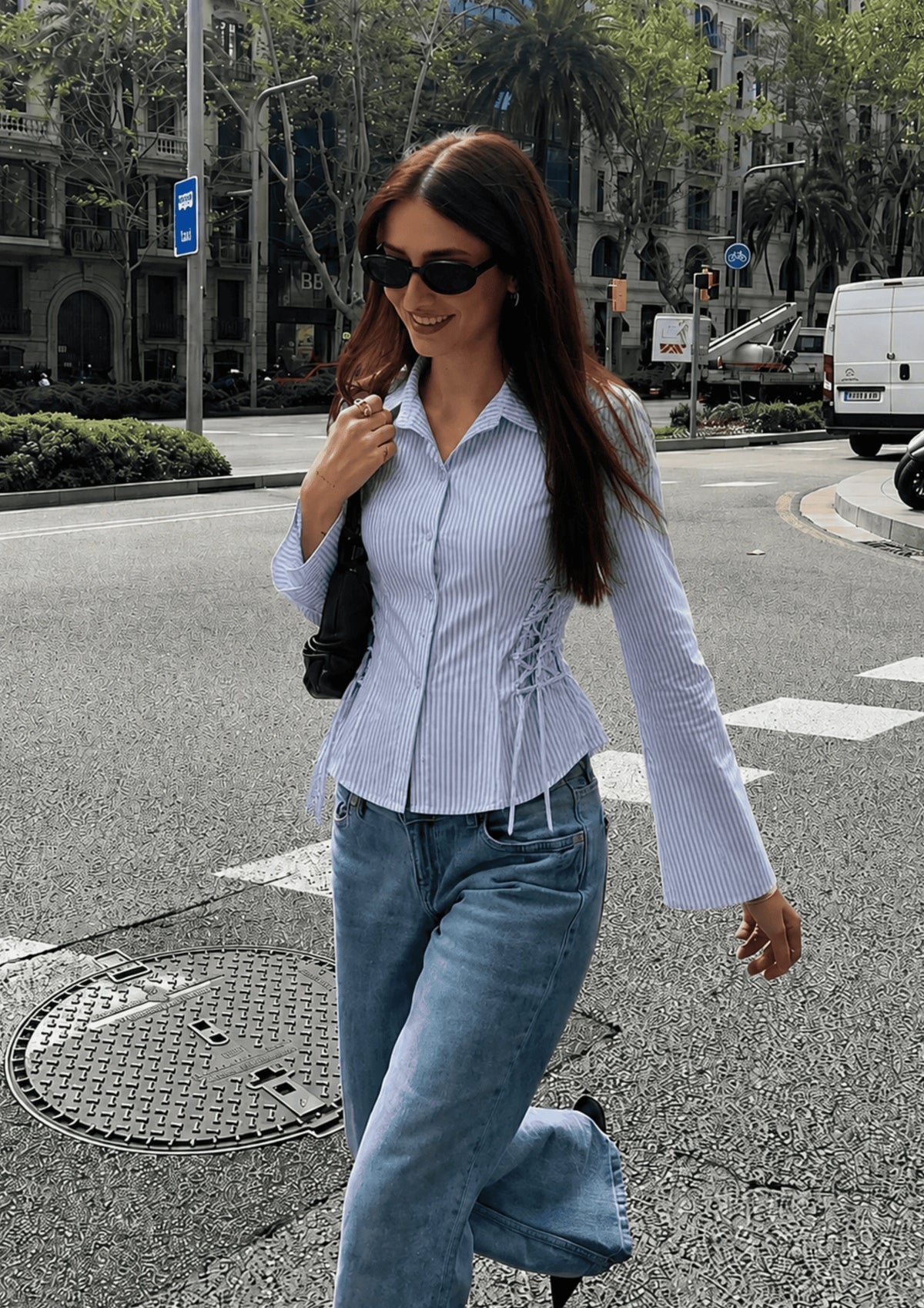 Women's Side Striped Fitted Lace-Up Shirt