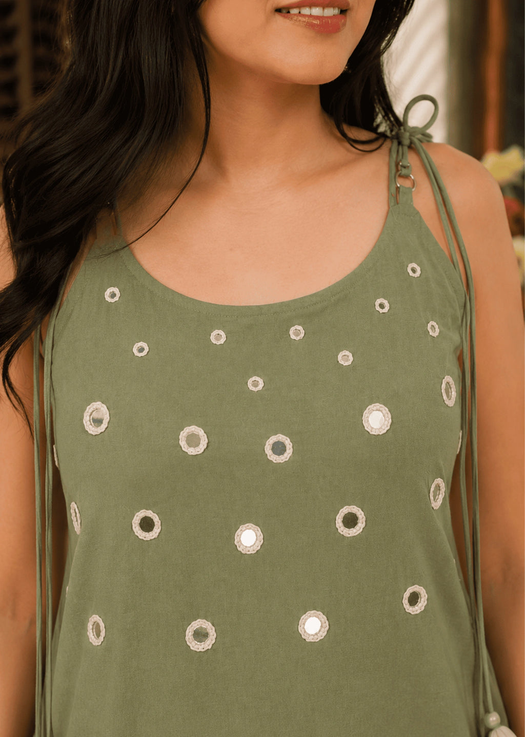 Olive Green Mirror Work Cotton Kurta Pant