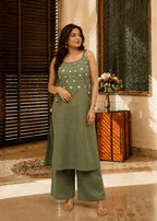 Olive Green Mirror Work Cotton Kurta Pant