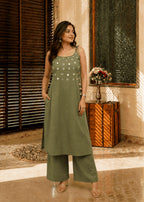 Olive Green Mirror Work Cotton Kurta Pant