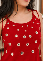 Women Red Mirror Work Kurta Set