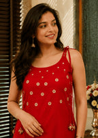 Women Red Mirror Work Kurta Set