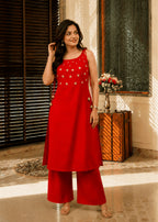 Women Red Mirror Work Kurta Set