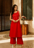 Women Red Mirror Work Kurta Set