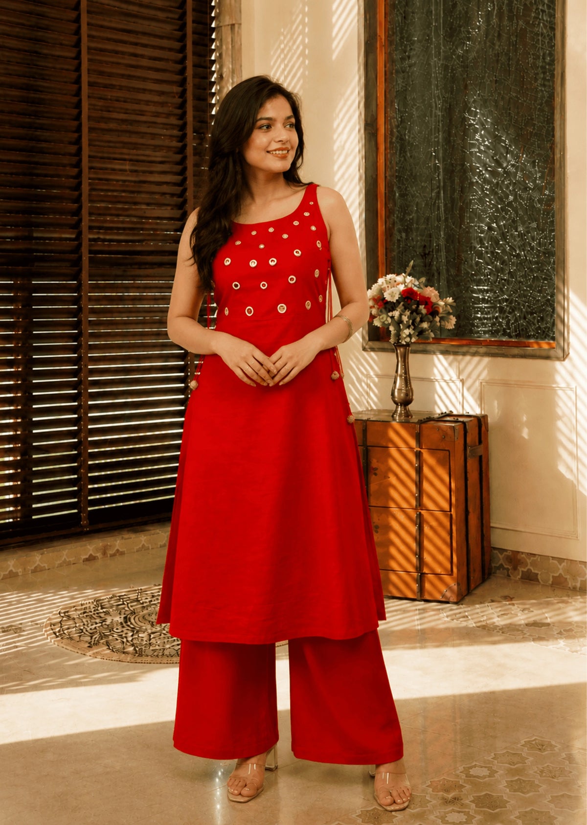 Women Red Mirror Work Kurta Set