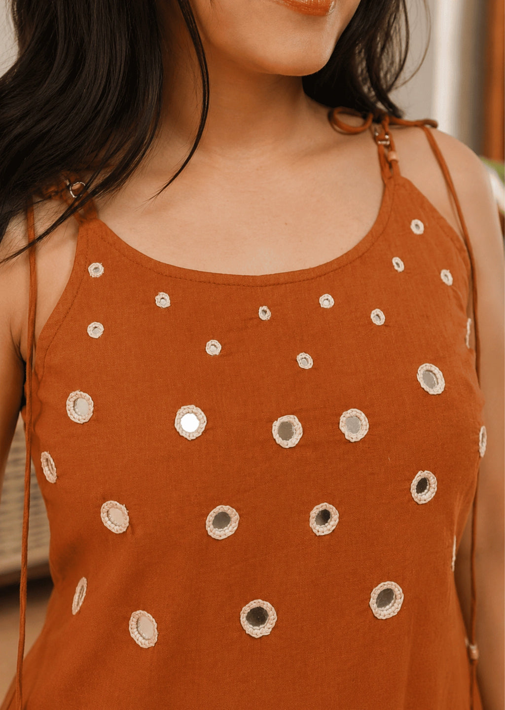 Rust Brown Mirror Work Cotton Kurta Pant