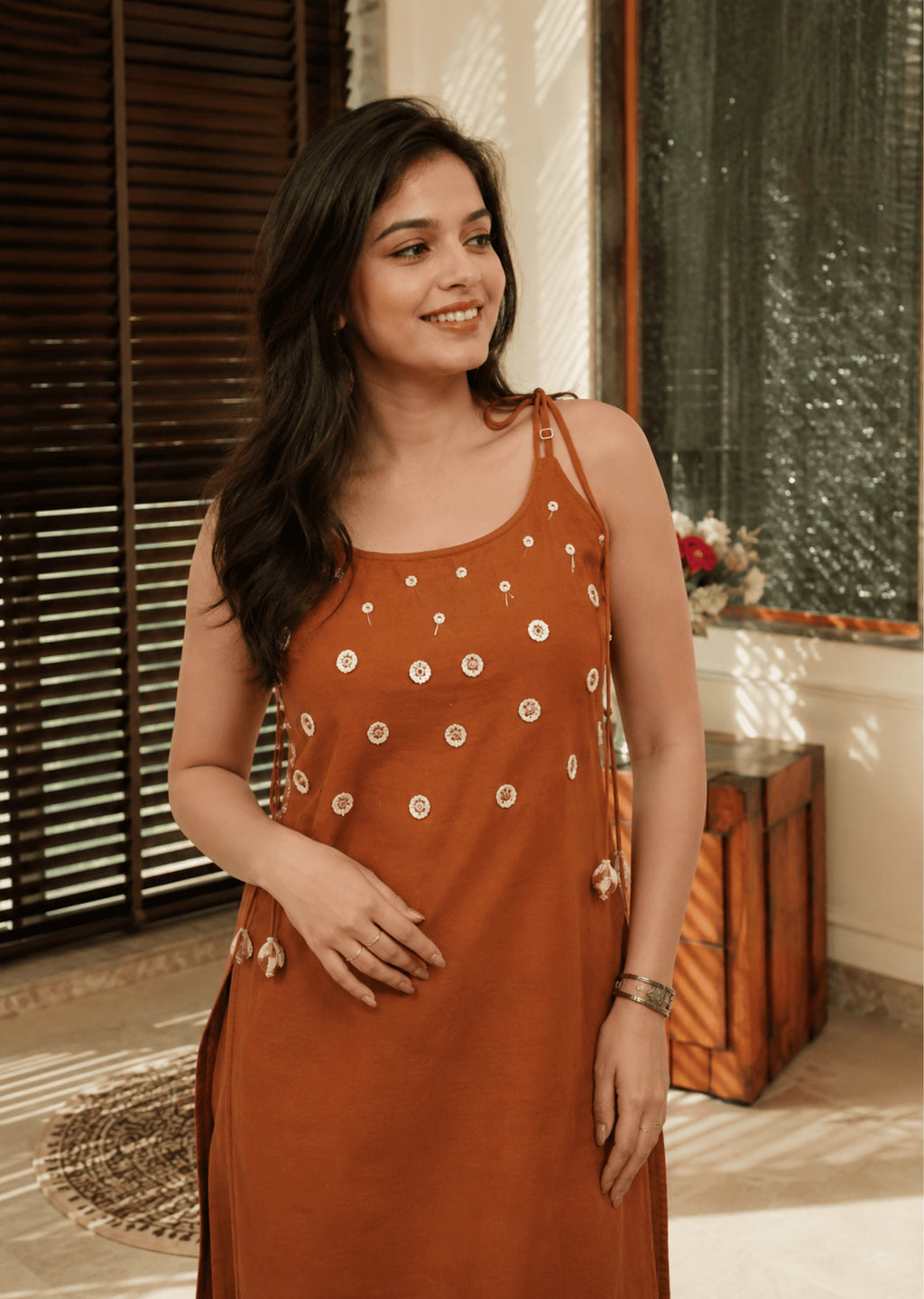 Rust Brown Mirror Work Cotton Kurta Pant