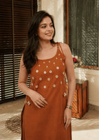 Rust Brown Mirror Work Cotton Kurta Pant