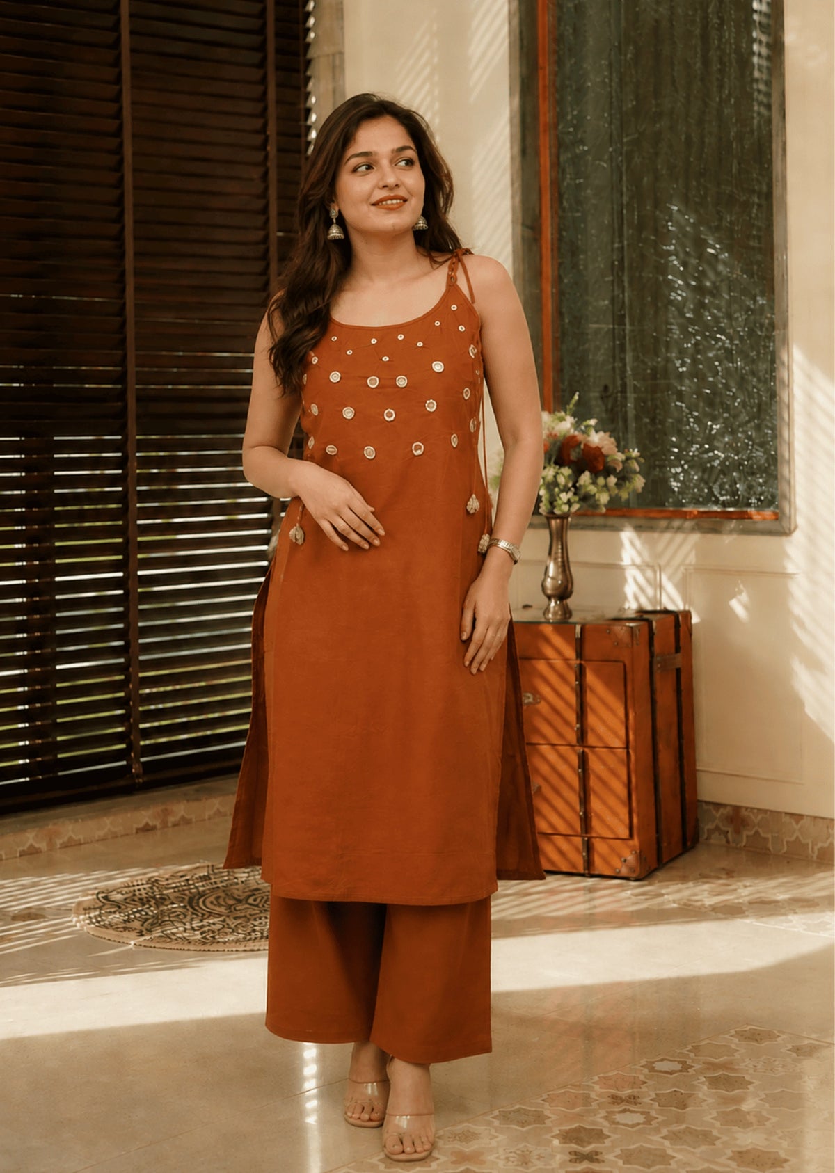 Rust Brown Mirror Work Cotton Kurta Pant