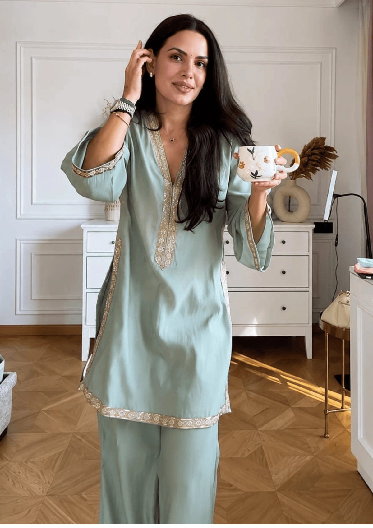 Women Mint Green Embroidered Co-Ord Set