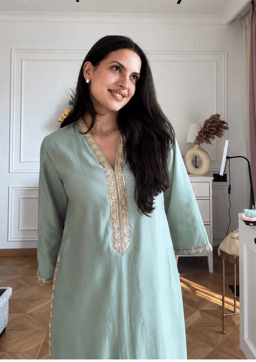 Women Mint Green Embroidered Co-Ord Set
