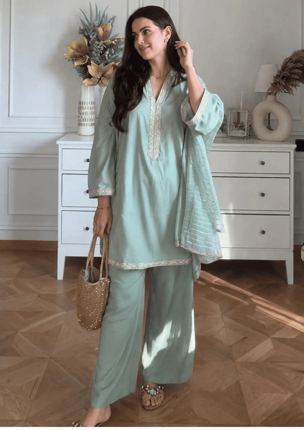 Women Mint Green Embroidered Co-Ord Set