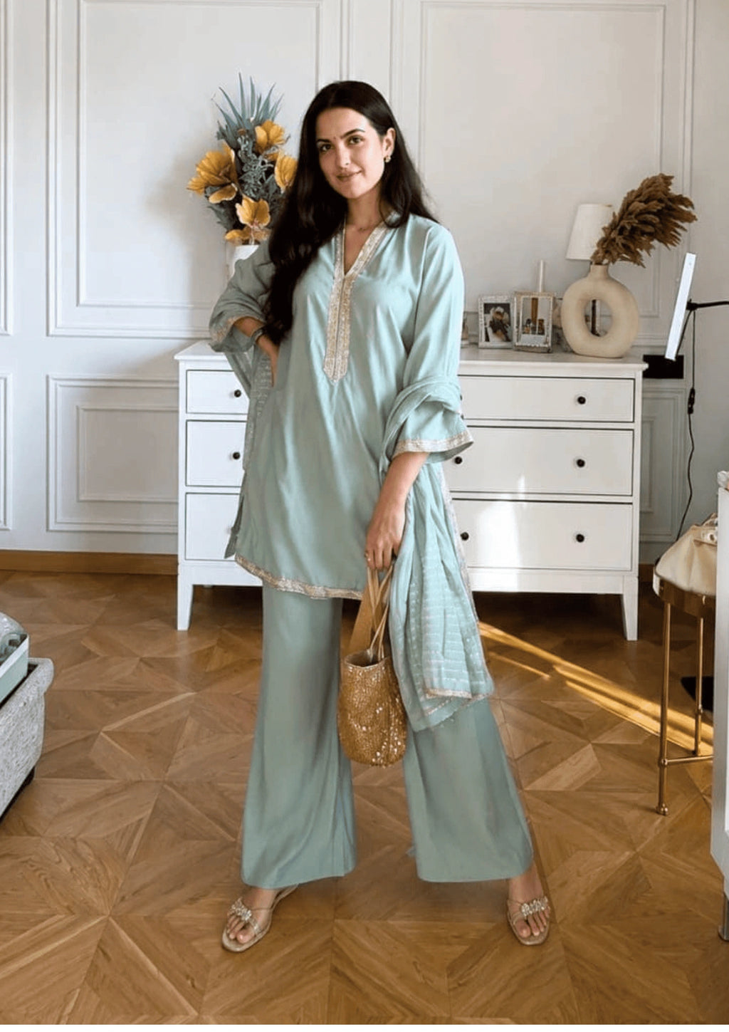 Women Mint Green Embroidered Co-Ord Set