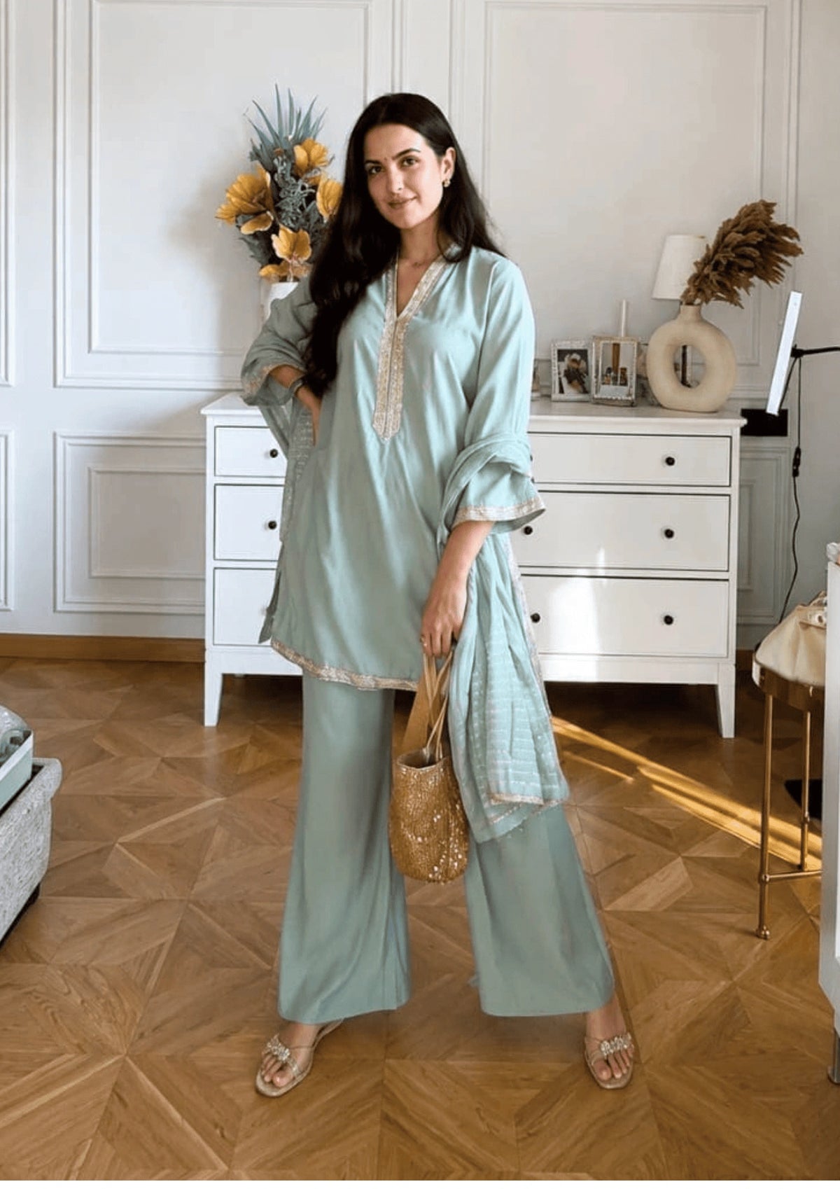 Women Mint Green Embroidered Co-Ord Set
