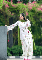 Elegant White Cotton Floral Kurta Pant Set for Women