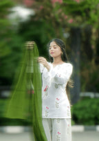Elegant White Cotton Floral Kurta Pant Set for Women