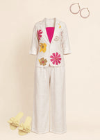 Ivory Floral Embroidered 3-Piece Co-Ord Set with Pink Camisole