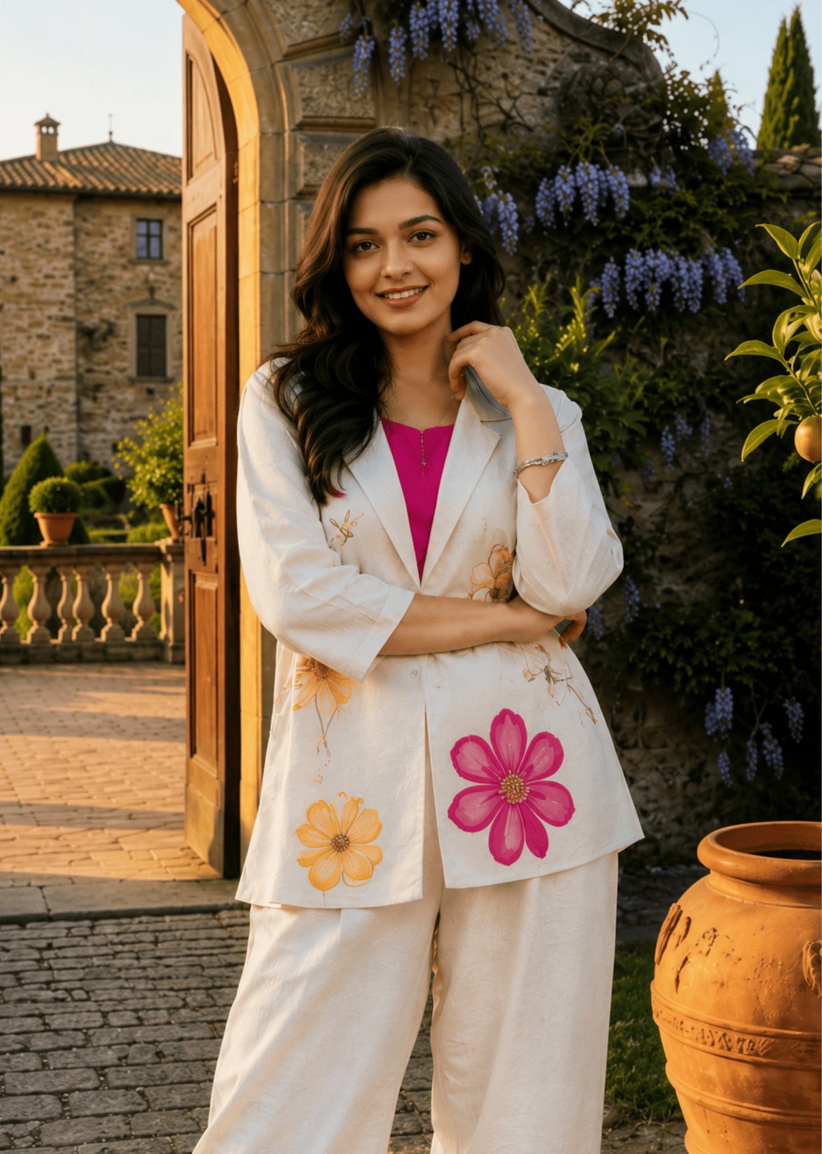 Ivory Floral Embroidered 3-Piece Co-Ord Set with Pink Camisole