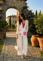 Ivory Floral Embroidered 3-Piece Co-Ord Set with Pink Camisole