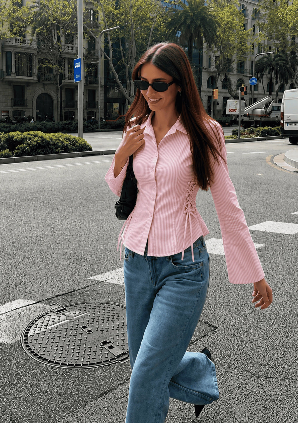 Women's Side Striped Fitted Lace-Up Shirt