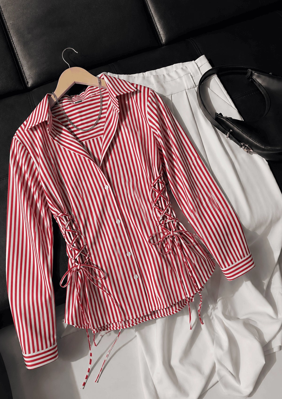 Women's Side Striped Fitted Lace-Up Shirt