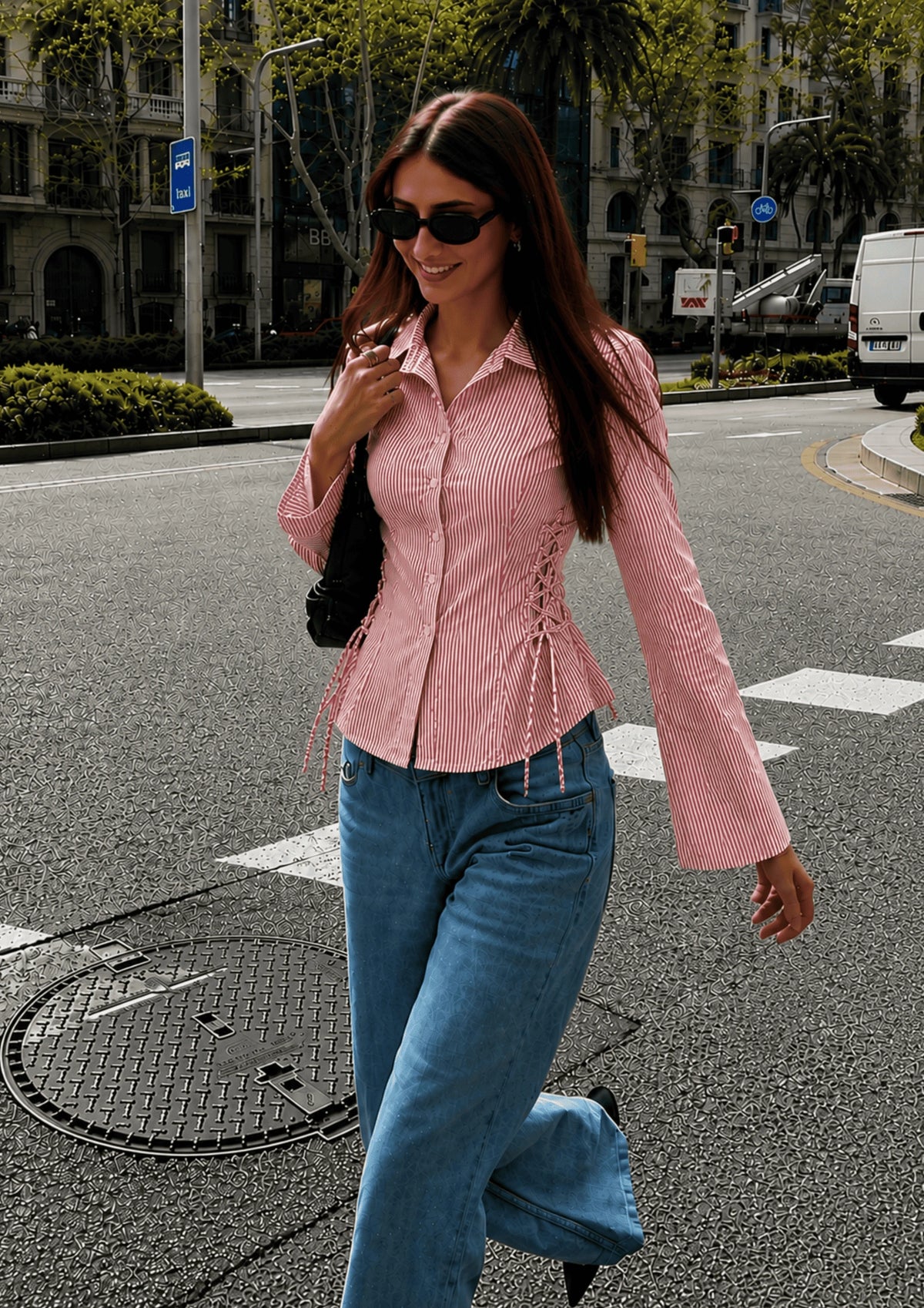 Women's Side Striped Fitted Lace-Up Shirt