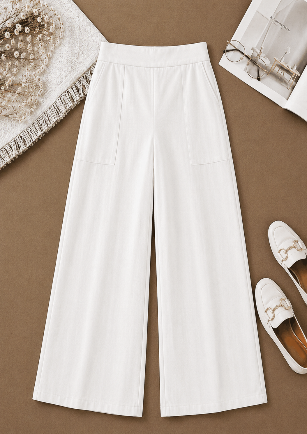 Women Elastic Waistband Linen Wide Leg Pants
