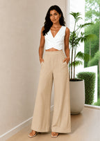 Women Elastic Waistband Linen Wide Leg Pants