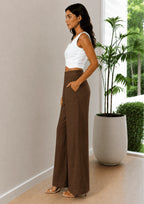Women Elastic Waistband Linen Wide Leg Pants