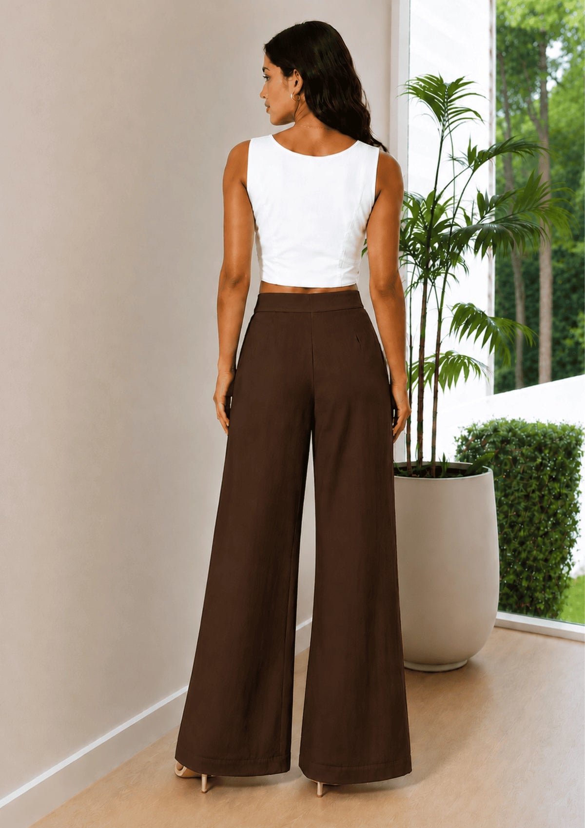 Women Elastic Waistband Linen Wide Leg Pants