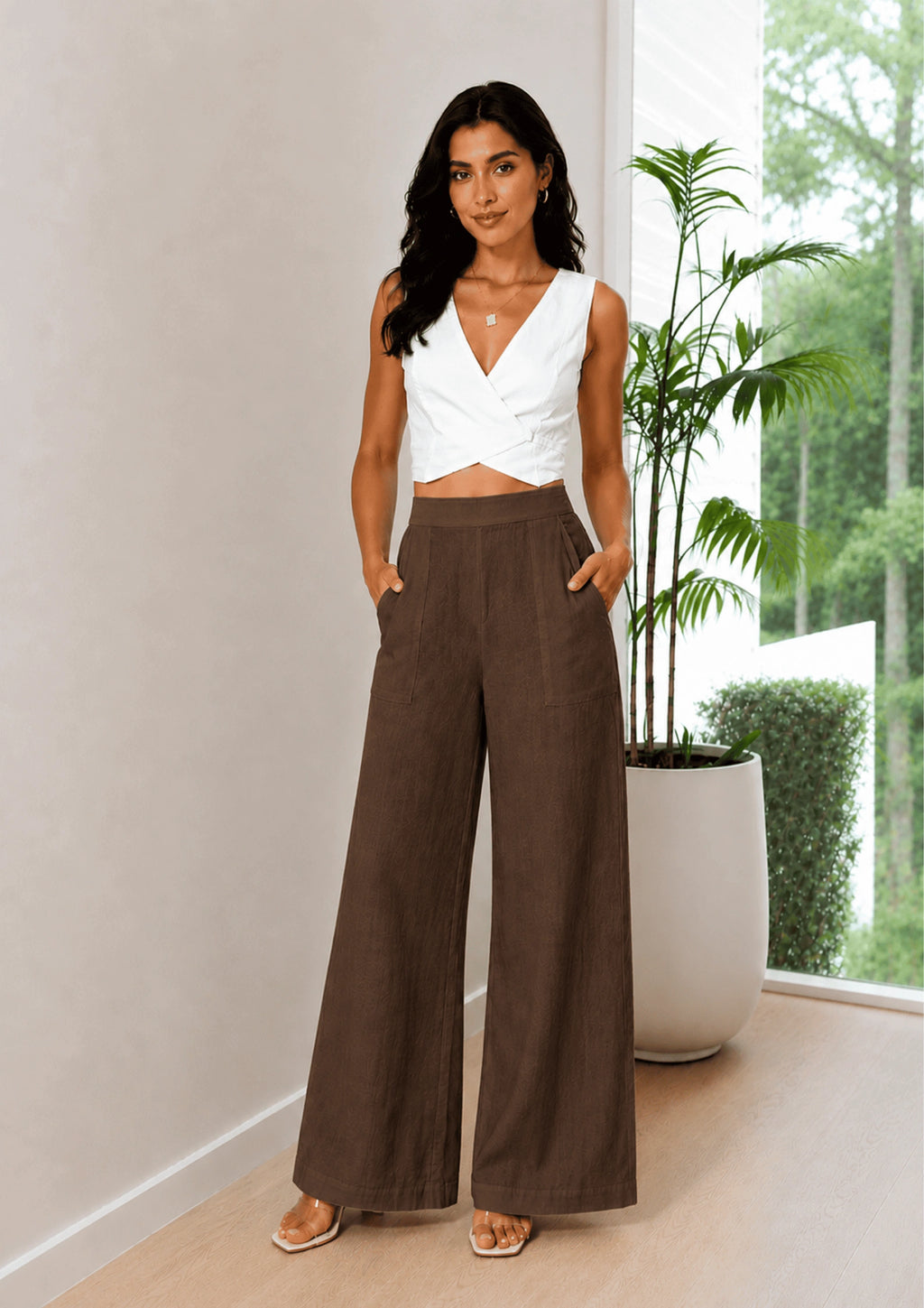 Women Elastic Waistband Linen Wide Leg Pants