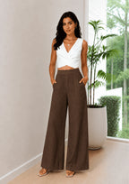 Women Elastic Waistband Linen Wide Leg Pants
