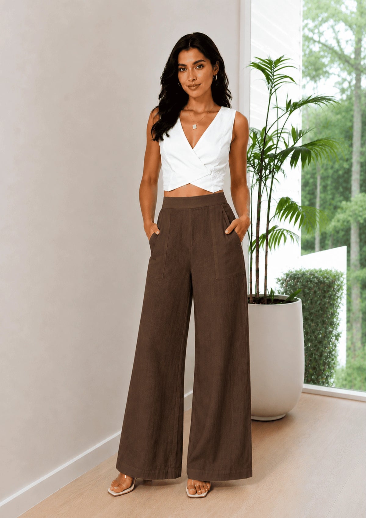 Women Elastic Waistband Linen Wide Leg Pants