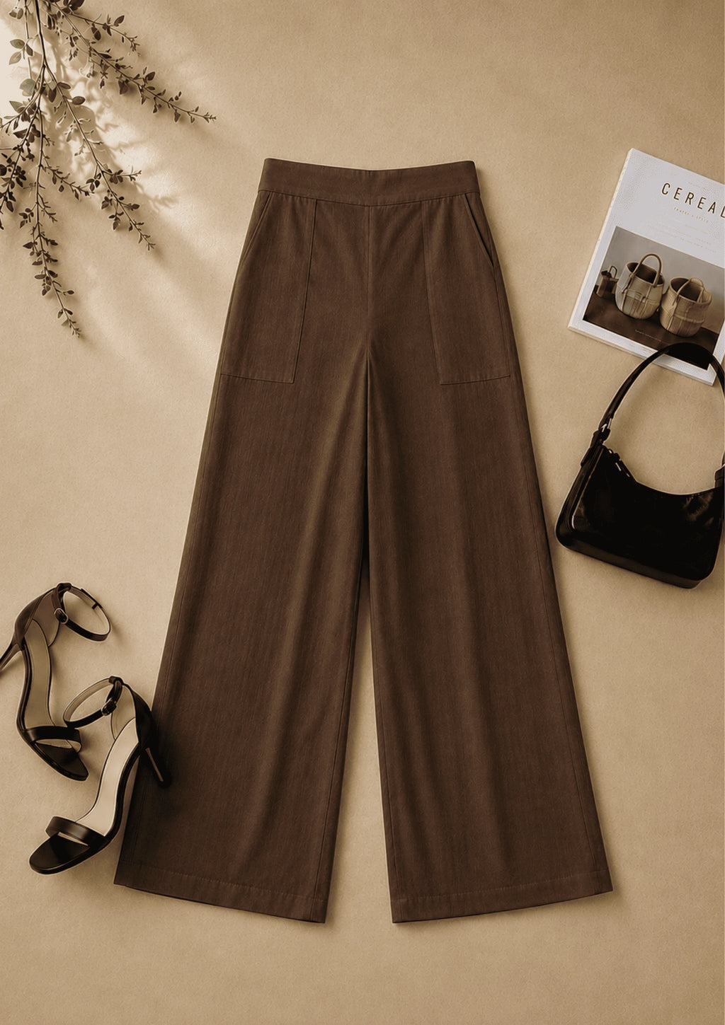 Women Elastic Waistband Linen Wide Leg Pants