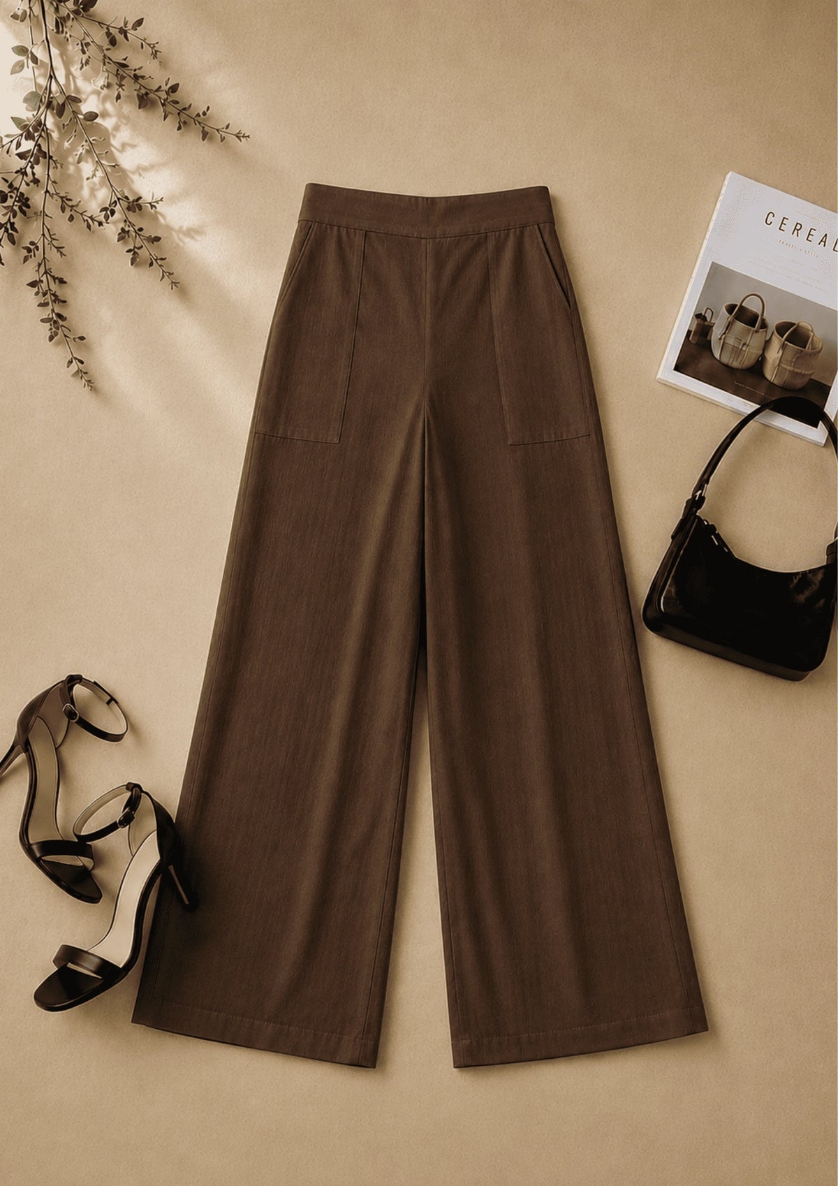 Women Elastic Waistband Linen Wide Leg Pants