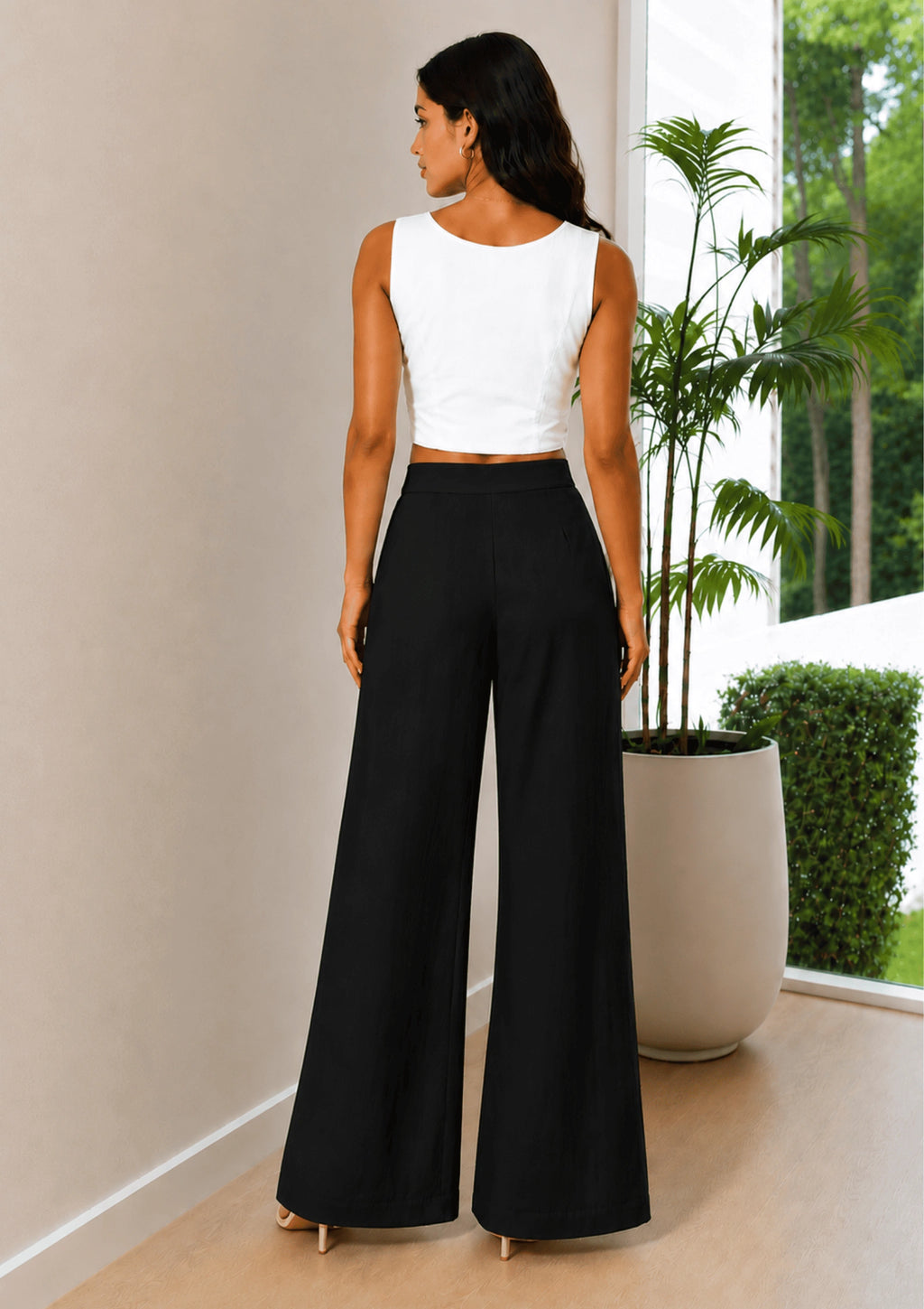 Women Elastic Waistband Linen Wide Leg Pants