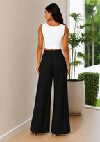 Women Elastic Waistband Linen Wide Leg Pants