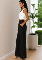 Women Elastic Waistband Linen Wide Leg Pants