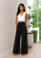 Women Elastic Waistband Linen Wide Leg Pants