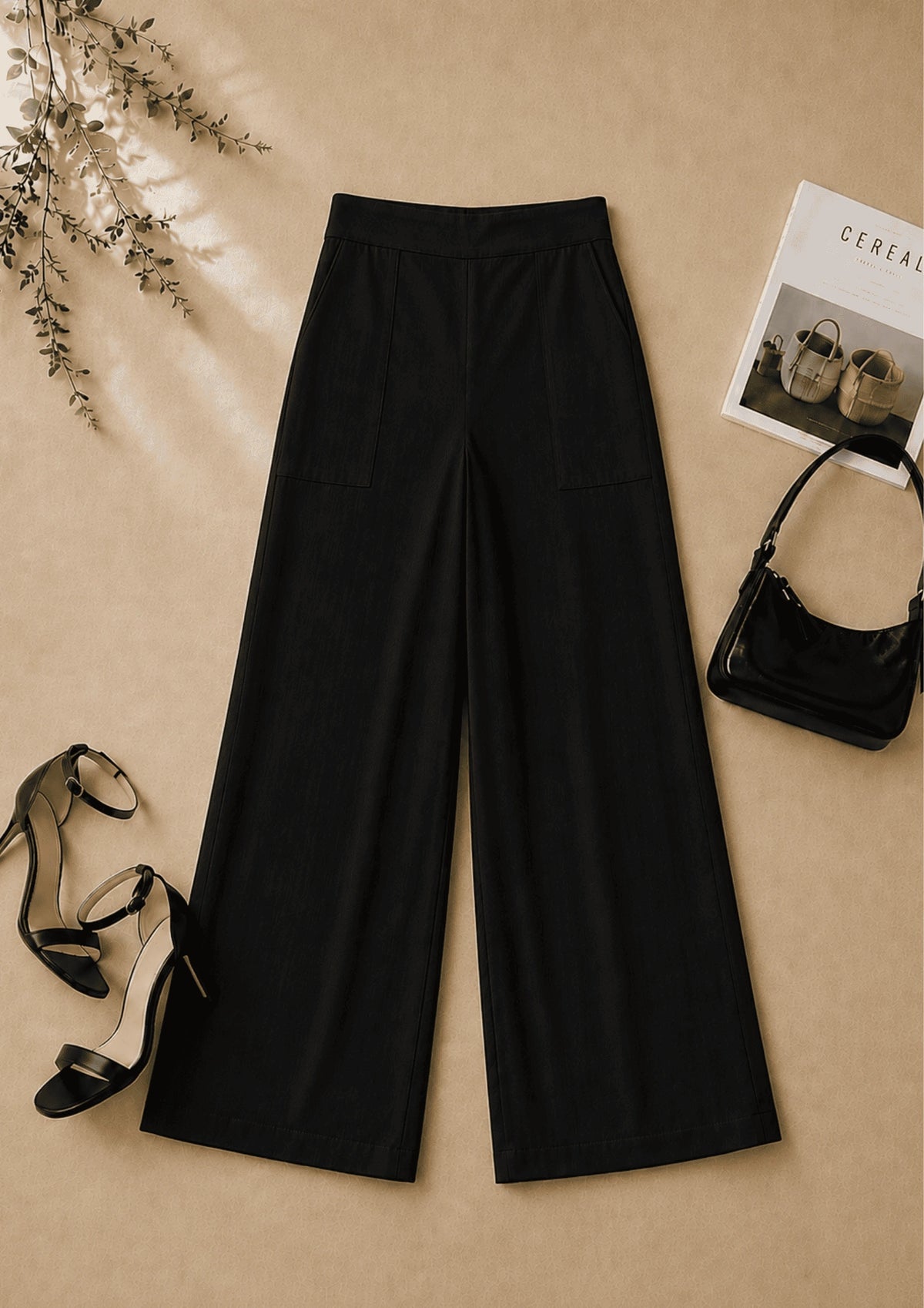 Women Elastic Waistband Linen Wide Leg Pants