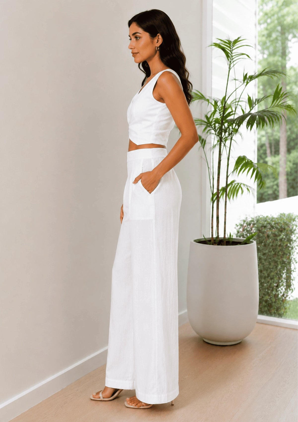 Women Elastic Waistband Linen Wide Leg Pants