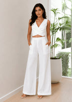 Women Elastic Waistband Linen Wide Leg Pants
