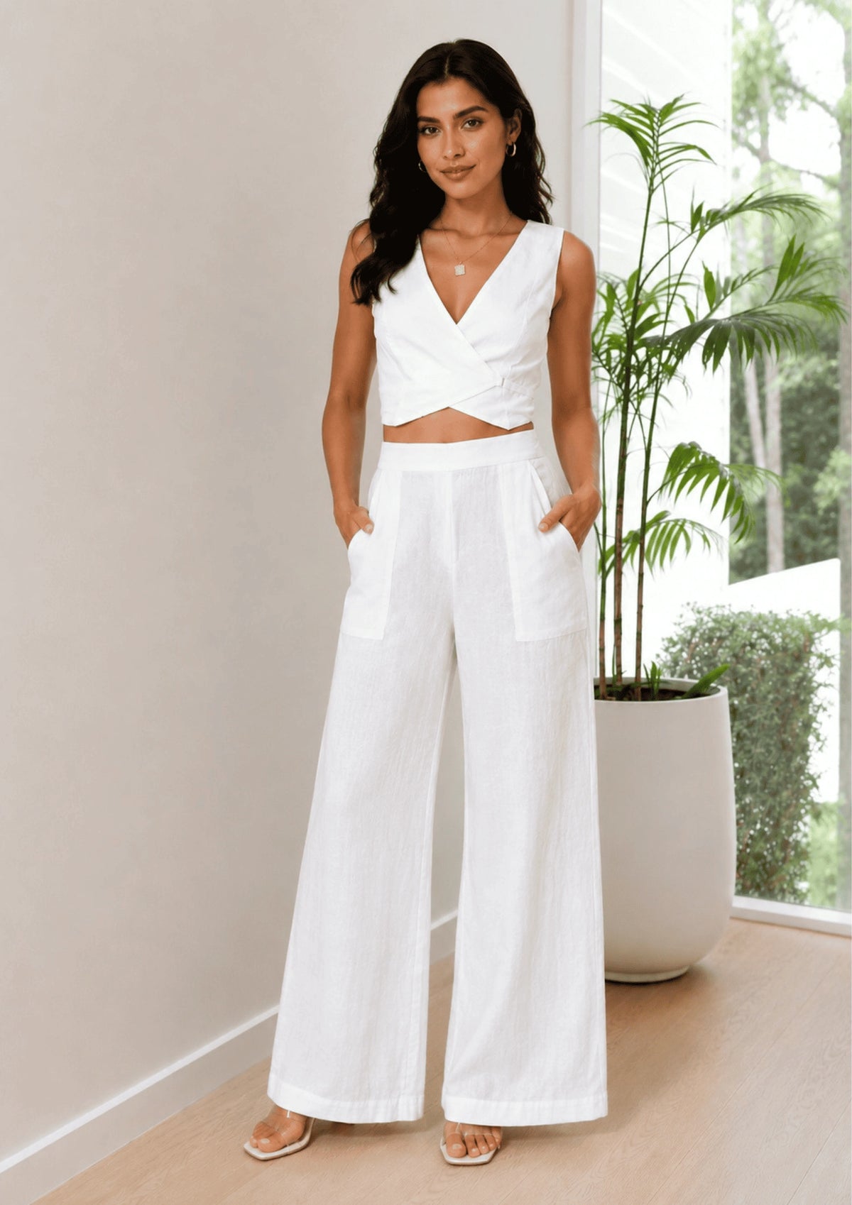 Women Elastic Waistband Linen Wide Leg Pants