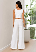 Women Elastic Waistband Linen Wide Leg Pants